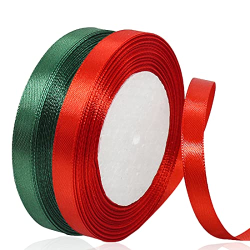 Geschenkband Weihnachten 10mm Rot und Grün Xmas Satinband 2 Rollen/45 Meter Schleifenband Stoffband für Geschenkverpackung, Weihnachtsbaum Dekoration, Weinachts Dekoration von AHOMAME