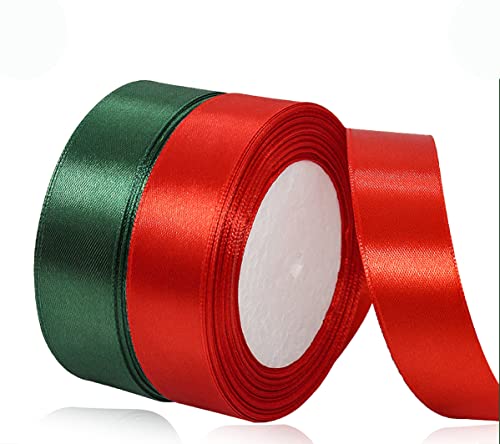 Geschenkband Weihnachten 25mm Rot und Grün Xmas Satinband 2 Rollen/45 Meter Breit Schleifenband Stoffband für Geschenkverpackung, Weihnachtsbaum Dekoration, Weinachts Dekoration von AHOMAME