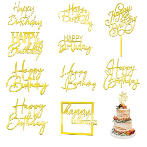 10 Stück goldene Happy Birthday-Kuchenaufsätze, 10 Stile, goldener Glitzer, Happy Birthday-Kuchendekoration, Spiegel-Acryl-Geburtstagskuchenaufsätze, Cupcake-Topper für Geburtstagsparty, Kuchen, von AHQiZFX