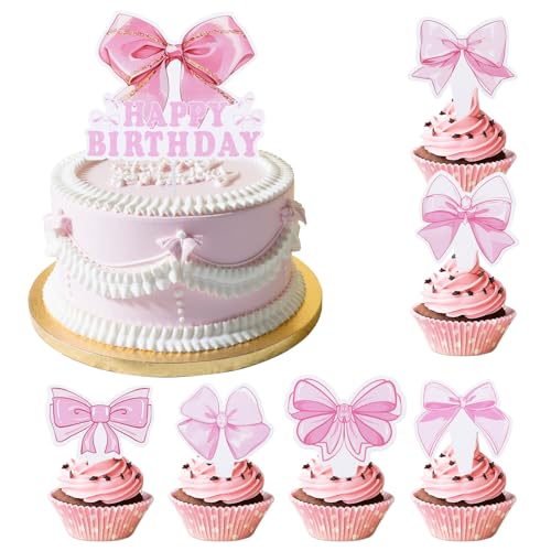 25 Stück rosa Schleife Cupcake Topper, Rosa Bowknot Cake Topper, Happy Birthday Cupcake Picks, Pink Bow Cupcake Dekorationen, Dessert Cake Toppers für Hochzeit Junggesellinnenabschied von AHQiZFX