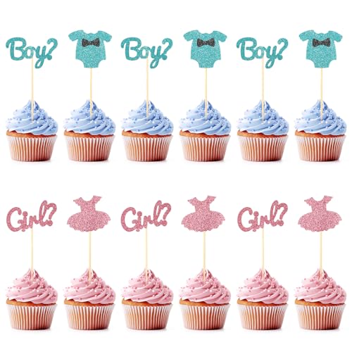 AHQiZFX 12 Stück Junge oder Mädchen Cupcake Toppers,Boy or Girl Tortendeko Babyparty,Baby Cupcake Toppers,Glitzer Gender Reveal Party Deko,für Baby Shower Kindergeburtstagtoppers Glitter Blau und Rosa von AHQiZFX