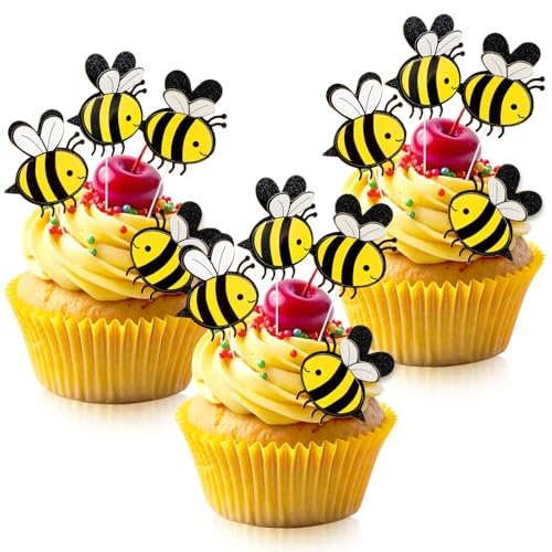 AHQiZFX 30 Stk Biene Kuchen Topper,Biene kuchen deko,Biene Geburtstag Deko,Hummel Cupcake Topper,Glitter Honeycomb Cupcake Picks,Bee Cupcake Topper für Kinder Junge Mädchen Bee Thema Geburtstag Party von AHQiZFX