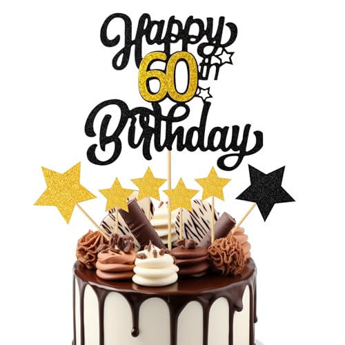 Torten Deko 60 Geburtstag,Happy 60th Birthday Cake Topper,60 Geburtstag Tortendeko,Glitzer 60 Geburtstag Cupcake Toppers,Tortendeko 60 Geburtstag,Kuchendeko Geburtstag Schwarz Gold,für 60 Geburtstag von AHQiZFX