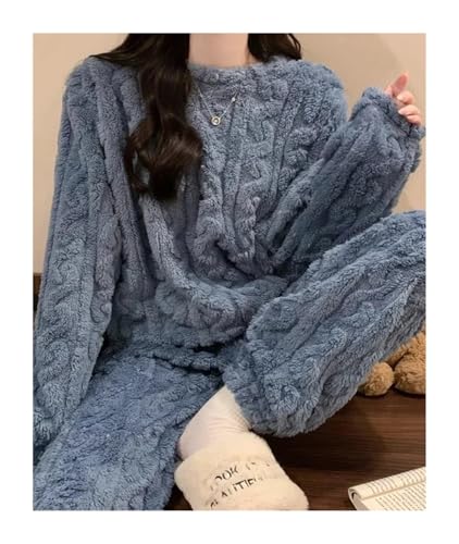 AHUFGN Pyjama Damen Winter Korallen Samt Pyjama Anzug Fleece Wolle Frauen Warme Plüsch Pyjama Sets Herbst Winter Gepolsterte Verdickte Freizeit Anzug(Blue) von AHUFGN