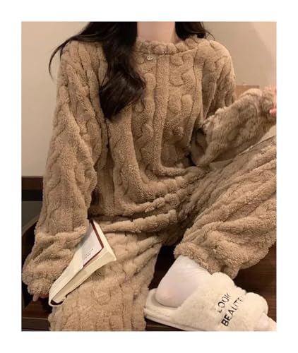 AHUFGN Pyjama Damen Winter Korallen Samt Pyjama Anzug Fleece Wolle Frauen Warme Plüsch Pyjama Sets Herbst Winter Gepolsterte Verdickte Freizeit Anzug(Coffee) von AHUFGN