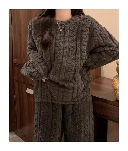 AHUFGN Pyjama Damen Winter Korallen Samt Pyjama Anzug Fleece Wolle Frauen Warme Plüsch Pyjama Sets Herbst Winter Gepolsterte Verdickte Freizeit Anzug(Grey) von AHUFGN