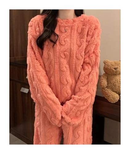 AHUFGN Pyjama Damen Winter Korallen Samt Pyjama Anzug Fleece Wolle Frauen Warme Plüsch Pyjama Sets Herbst Winter Gepolsterte Verdickte Freizeit Anzug(Pink) von AHUFGN