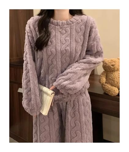 AHUFGN Pyjama Damen Winter Korallen Samt Pyjama Anzug Fleece Wolle Frauen Warme Plüsch Pyjama Sets Herbst Winter Gepolsterte Verdickte Freizeit Anzug(Purple) von AHUFGN