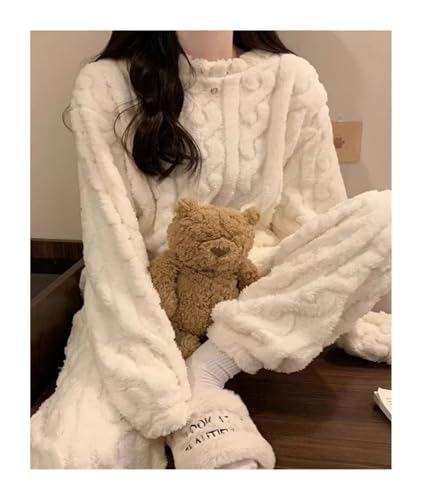 AHUFGN Pyjama Damen Winter Korallen Samt Pyjama Anzug Fleece Wolle Frauen Warme Plüsch Pyjama Sets Herbst Winter Gepolsterte Verdickte Freizeit Anzug(White) von AHUFGN