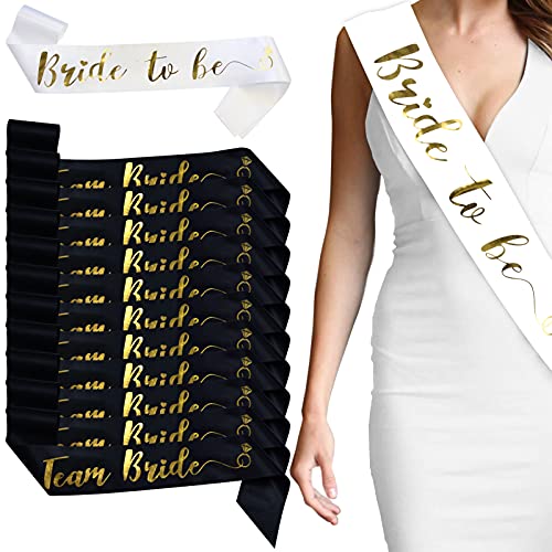 AIBAOBAO 12 Stück schwarzes Gold Bride Tribe Schärpe Set, Bachelorette Party Accessories, 1 Braut Schärpe+ 11 Team Braut Schärpe für Hochzeit, Junggesellenabschied, Engagement, Hen Party von AIBAOBAO