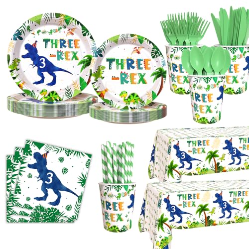 AIBIIN 194pcs Three Rex Birthday Decorations for Boy 3rd Birthday Party Plates, Cup, Napkin, Tablecloth, Tableware, Dinosaur 3 year old Birthday Party Supplies Plates Serve 24 Guests von AIBIIN