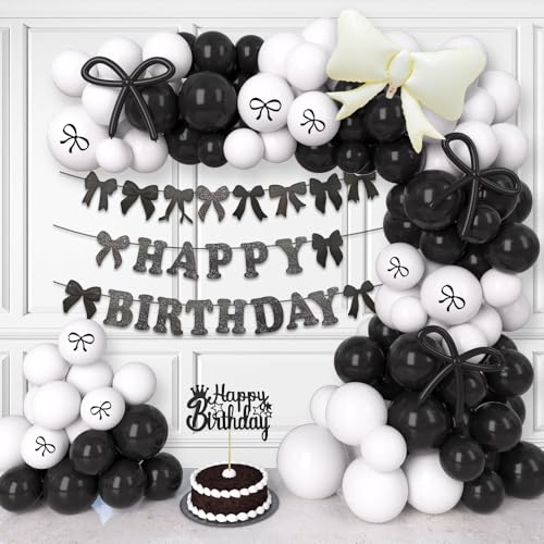 AIBIIN Schwarze Schleife Geburtstag Party Dekorationen für Mädchen, Kokette Geburtstag Dekorationen, Schwarz Weiß Ballon Girlande, Schwarz Schleife Happy Birthday Banner von AIBIIN