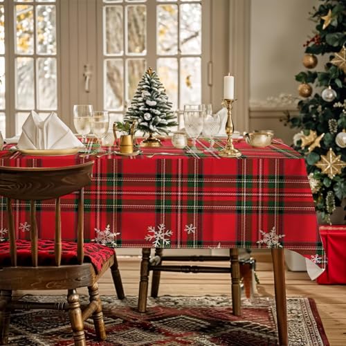 AIBIIN Weihnachten Karierte Tischdecke für Familie Abendessen Rot Tartan Plaid Schneeflocken Weihnachten Wasserdicht Tischdecke für Esszimmer Picknick Geburtstag Party Tischdekoration 142x259cm von AIBIIN