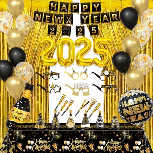 Happy 90 Stück Silvester 2025 Partyzubehör Schwarz Gold Silvester Dekorationen 2025 mit Hüten, Banner, Brille, Ausblasen, Luftballons, Fransenvorhang, Tischdecke 2025 Neujahr NYE Party Dekoration von AIBIIN