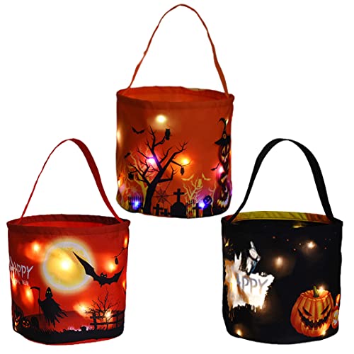 AIBOTY 2-3 PCS Halloween-Süßigkeitstüten mit LED-Lichtern Süßes oder Saures Korb, Beleuchtete Halloween-Party-Taschen Mehrzweck-Wiederverwendbarer Leckereien-Eimer für Kinder,Package j von AIBOTY