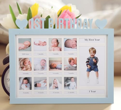 AIDIER Baby Bilderrahmen Erinnerung für Erste Jahr 12 Monate Fotorahmen Collage für 12 Fotos Fotocollage Baby Geburtsgeschenk für Neugeborene Babyparty Ersten Geburtstag Geschenke von AIDIER