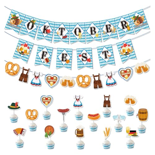 AIDUCHO Oktoberfest Deko Set,Oktoberfest Girlande,Flagge Oktoberfest,15 Stück Oktoberfest Cupcake Topper,Bayerische Party Dessert Dekorationen,Bayerische Bunting für Oktoberfest Outdoor Wiesn Party von AIDUCHO