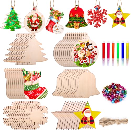 AIERSA 60 Stück Weihnachtsschmuck Basteln für Kinder Malerei, Holz-Weihnachtsausschnitte zum Bemalen, unlackiertes Holzhandwerk für Weihnachtsfeier, Klassenzimmer Handwerk für Kinder DIY Tags von AIERSA