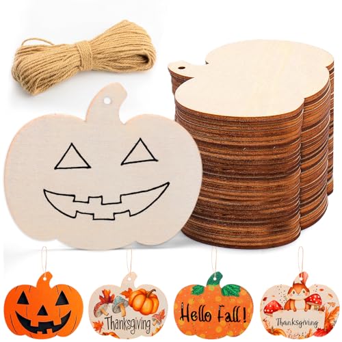 AIERSA Holzkürbisse für Halloween-Bastelarbeiten für Kinder, 45 Stück Kürbisausschnitte zum Bemalen, unlackiertes Holzhandwerk für Halloween, Herbst, Erntedankfest, Party, Klassenzimmer, Basteln für von AIERSA