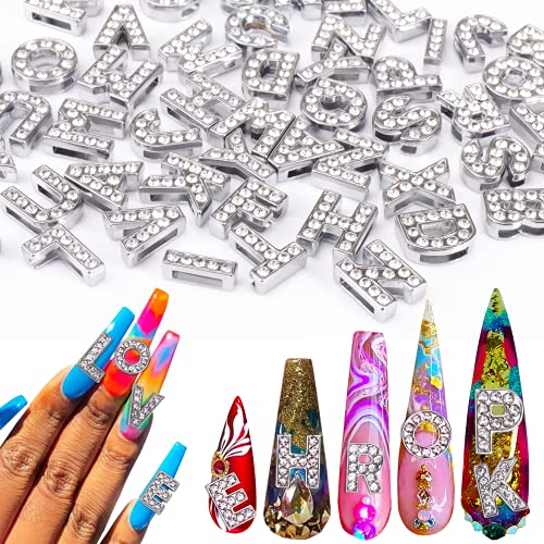 AIERSA Nail-Charms, 52 Stück, 3D-Strass-Buchstaben für Nagelkunst-Dekorationen, Silber, 8 mm von AIERSA