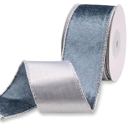 Blaues Samtband mit Draht, 5,1 cm, metallisch, Drahtrand, doppelseitiges Band für Weihnachtsdekoration, Geschenkverpackungen, Heimdekoration, Handwerk (Blau und Silber) von AIETSYEI