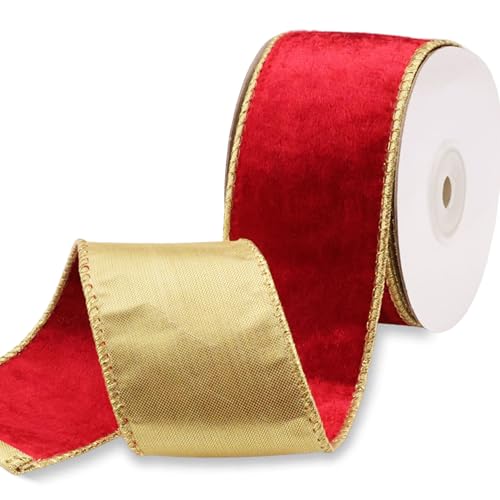 Burgunderrotes Samtband mit Draht, 5,1 cm, metallisch, Drahtrand, doppelseitiges Band für Weihnachtsdekoration, Geschenkverpackungen, Heimdekoration, Handwerk (Burgunderrot und Gold) von AIETSYEI