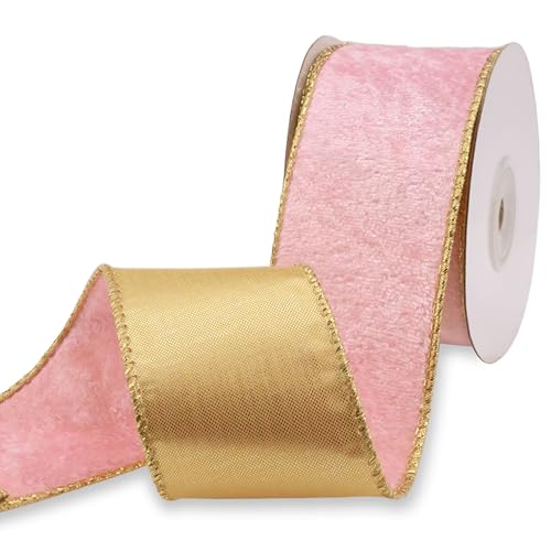 Pinkes Samtband mit Draht, 5,1 cm, metallisch, Drahtrand, doppelseitiges Band für Weihnachtsdekoration, Geschenkverpackungen, Heimdekoration, Handwerk (Rosa und Gold) von AIETSYEI