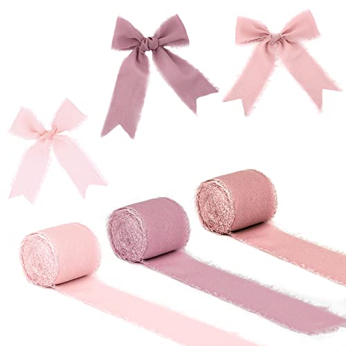 AIEX 3 Rollen 5cm x 6,4m Chiffon Seidenband, Handgefertigt Buntes Glattes Weiches Seidenartiges Fransen Chiffonband für DIY & Handwerk Fest Ornament (3 Farben, Rosa Serie) von AIEX