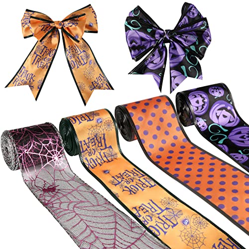 AIEX 4 Rollen 5,5m Halloween Wired Band, 6,4cm x 5,5m Spinnennetz Kürbisband Halloween Ribbon Halloween Deko Basteln zum Basteln Heimwerken Kränze Festival Dekorationen (Lila, Orange) von AIEX