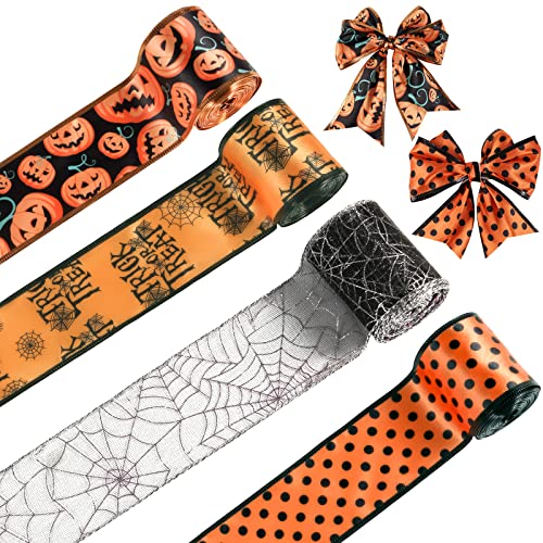 AIEX 4 Rollen 5,5m Halloween Wired Band, 6,4cm x 5,5m Spinnennetz Kürbisband Halloween Ribbon Halloween Deko Basteln zum Basteln Heimwerken Kränze Festival Dekorationen (Schwarz, Orange) von AIEX