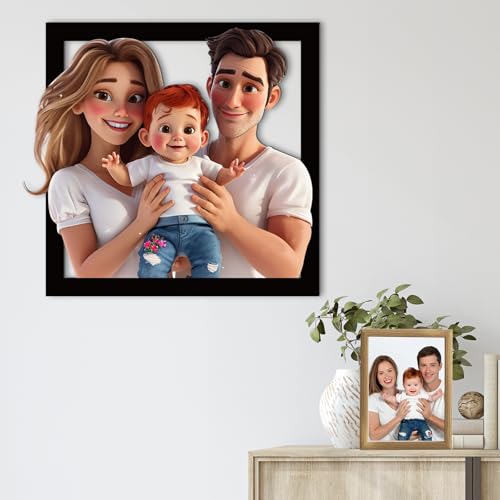 AIFLM Personalisierte 3D Cartoon Stil Foto Holz Fotorahmen Zeichen Personalisierte Familie Foto 3D Cartoon Portrait Karikatur Bilderrahmen Hochzeitstag Weihnachtspaar Wanddekoration Geschenk von AIFLM