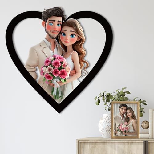 AIFLM Personalisierte 3D Cartoon Stil Foto Holz Fotorahmen Zeichen Personalisierte Familie Foto 3D Cartoon Portrait Karikatur Bilderrahmen Hochzeitstag Weihnachtspaar Wanddekoration Geschenk von AIFLM