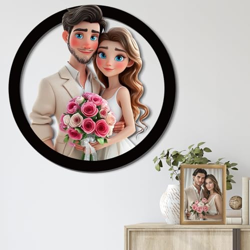 AIFLM Personalisierte 3D Cartoon Stil Foto Holz Fotorahmen Zeichen Personalisierte Familie Foto 3D Cartoon Portrait Karikatur Bilderrahmen Hochzeitstag Weihnachtspaar Wanddekoration Geschenk von AIFLM