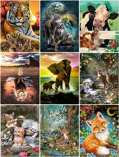 9 Pack DIY 5D Tiere Diamant Painting für Erwachsene - Crystal Diamond Bilder Anfänger, Full Drill Tier Familie Dimond Malerei Bild, Diamanten Edelstein Kunsthandwerk für Home Wall Decor 30x40cm von AIKEWO