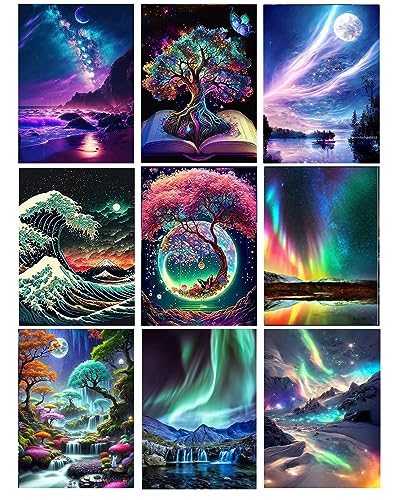 9-Pack Landschaft Diamond Painting Kits für Erwachsene, 5D DIY Aurora mit Baum Diamond Art Kits für Anfänger Runde volle Bohrer Paint by Diamonds für Home Wall Decor Geschenk12X16Inch von AIKEWO