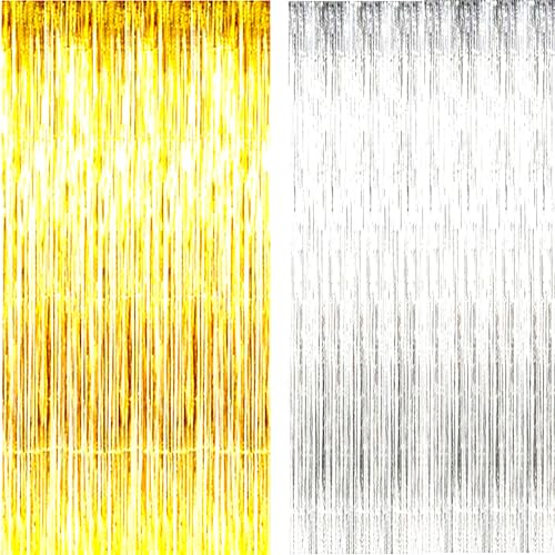 AILEXI 2 PCS 92CM*245CM Partei liefert Folie Fringe Schimmer Vorhänge, Tür Fenster Dekorationen Streamer oder Wand Backdrop Tinsels - Silber Gold von AILEXI