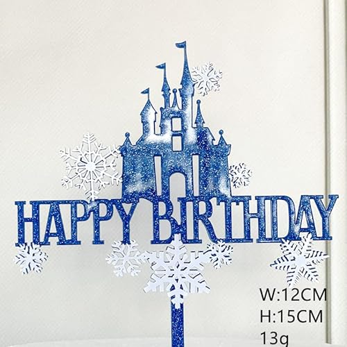 AILEXI Acryl Glitter Kuchen Dekorieren Toppers 1pcs Happy Birthday Schloss Dunkelblau Weiß und 8 weiße Schneeflocken A503 von AILEXI