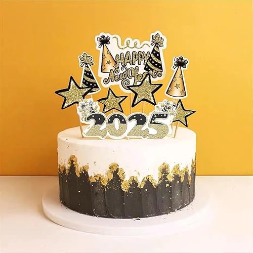 AILEXI Glitzerkuchen- und Cupcake-Topper für Party-Dekorationen – Happy New Year 2025, Schwarzgold-Set, 8 Stück von AILEXI