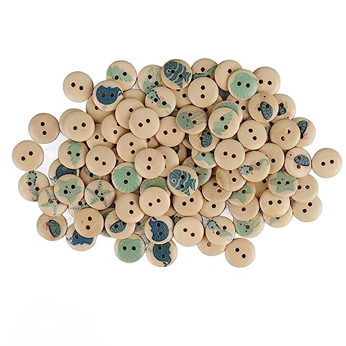 100 Stück Gemischte Synthetische Holzknöpfe, Niedlich Bedruckte Runde Dekorative Holzknöpfe Zum Nähen, Basteln, Handgefertigte DIY-Accessoires (Log Color Ocean) von AILOOCEDI