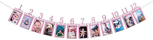 AILOVA Baby ersten Geburtstag Banner, Foto Banner für 1-12 Monate Wachstumsrekord, 1. Geburtstagsgeschenk, Baby Kinderzimmer Dekorationen (Rosa) von DONGKER