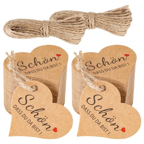 100 Stück Herz Geschenkanhänger, Kraftpapier Anhänger, SCHÖN DASS DU DA BIST Papieranhänger, Hängeetiketten mit 2 x 10m Juteschnur für Valentinstag Hochzeit Weihnachten Geschenkverpackung von AILUYA