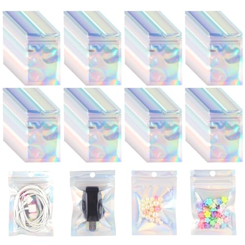 200 Stück Aluminiumfolie Beutel, Holographische Folienbeutel, Mylar beutel, Wiederverschließbare Zip Beutel Folie Tasche mit Transparentem Fenster für Schmuck, Lipgloss, Süßigkeiten, Snacks 7x10cm von AILUYA