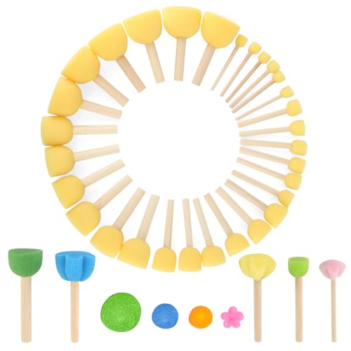 30 Stück Schwammpinsel Kinder Set (mit 5 Stück Blume Pilz Sticks), Holzgriff Runde Malschwamm, Pilz Geformt Schwamm Pinsel Malerei für Kinder DIY Malerei, Graffiti, Keramik Crafts von AILUYA