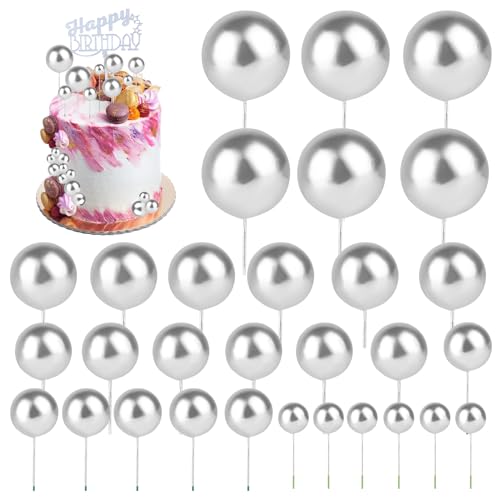 30 Stück Tortendeko Kugeln, Cake Topper Geburtstag, Happy Birthday Tortendeko, DIY Einlage Cupcake Topper Ballons Cake Topper für Torten Dekorieren Hochzeit Party Babyparty Geburtstag (Silber) von AILUYA