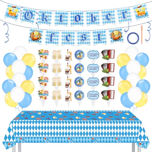 52 Stück Oktoberfest Deko Set (mit Bunten Fahnen, Tischdecken, Cupcake Topper, Luftballons, Anstecknadeln, Bunten Seilen), Deko Party, Bavarian Dekoration für Drinnen, Draußen, Oktoberfest Party von AILUYA