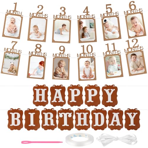 AILUYA 1. Geburtstag Foto Banner Girlande, Baby Monatlich Bild Prop, Erster Geburtstag Kraftpapier Rahmen, Baby Fotogirlande, Happy Birthday Banner für Mädchen Jungen bis 12 Monate von AILUYA