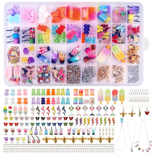 AILUYA 207 Stück Charms Anhänger Set, Schmuck Selber Machen Set mit Aufbewahrungsbox, Ohrringe Selber Machen Set Bubble Tea Schmetterling Bär, Geschenke für Mädchen für DIY Armband Halsketten Schmuck von AILUYA