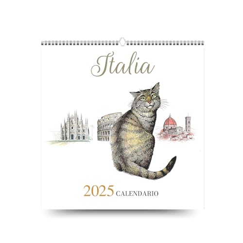 AIMA Wandkalender 2025 Kalender 31 x 33 cm – Spiralwandkalender 12 Monate mit Katzen und Monumenten Italiens – Kalender mit Katze – 1 Magnet und 1 Notizblock gratis (Goldene Katze) von AIMA