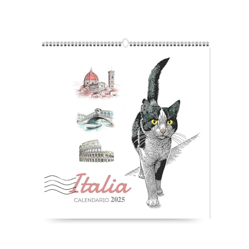 AIMA Wandkalender 2025 Kalender 31 x 33 cm – Spiralwandkalender 12 Monate mit Katzen und Monumenten Italiens – Kalender mit Katze – 1 Magnet und 1 Notizblock gratis (Katze weiß schwarz) von AIMA