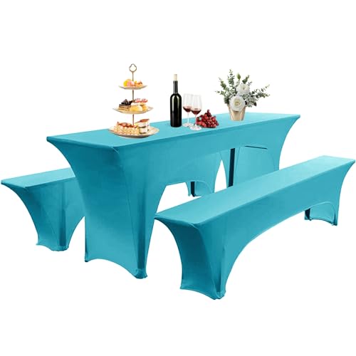 AIMENJOY Elastisch Biertischhussen Bierbank-Auflage & Tischdecke Für 50 cm or 70 cm Table Width 3 TLG-Set Breite Bierzeltgarnitur Stretch Hussen Für Festzeltgarnituren Bierbank Hussen (Blau -1,50 cm) von AIMENJOY